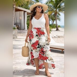 Chico's Tropical Palm Floral Maxi Skirt Red White Asymmetrical High Low Size 3 X